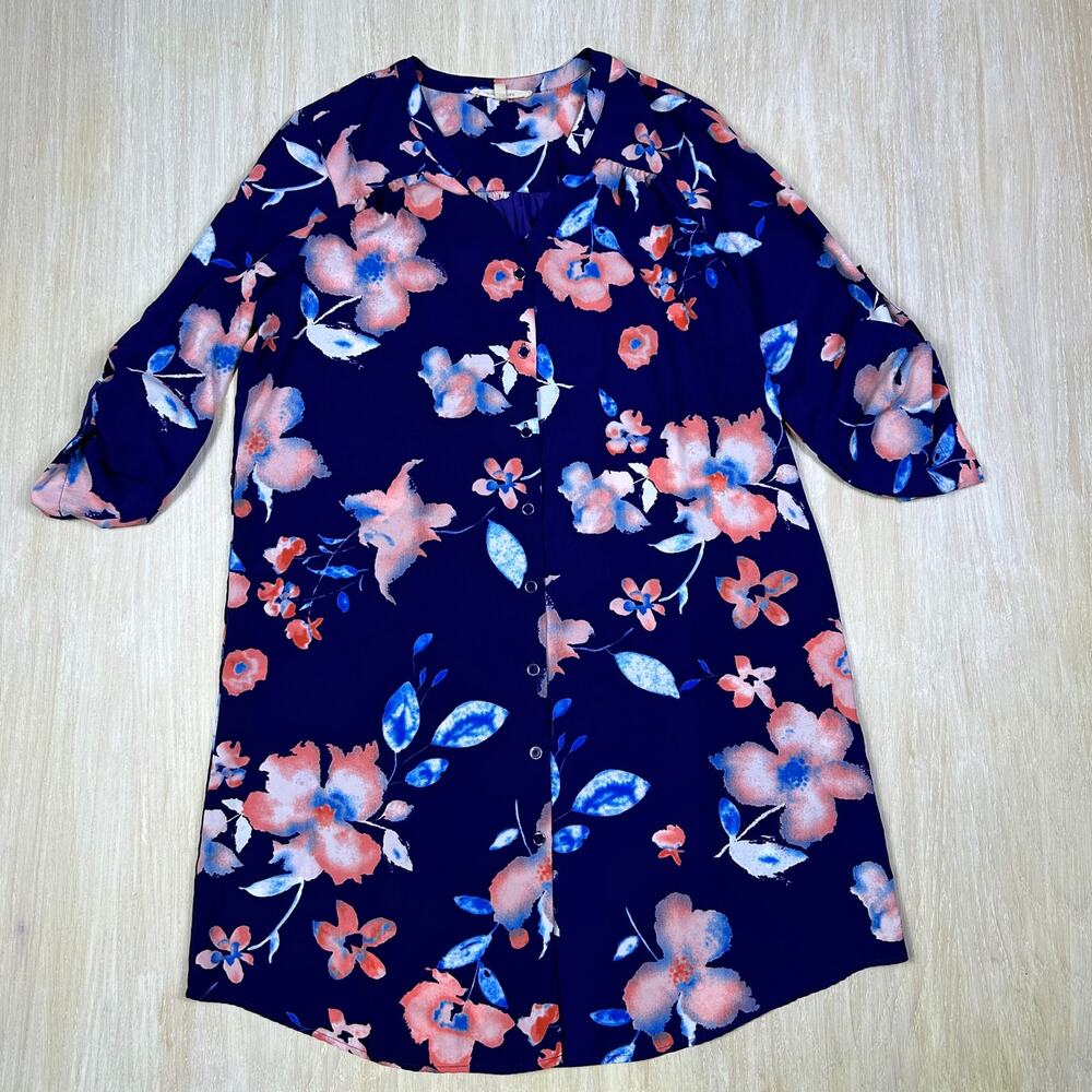 41 Hawthorn Blue Pink Floral Button Front Roll Tab Sleeve Casual Shirtdress LG
